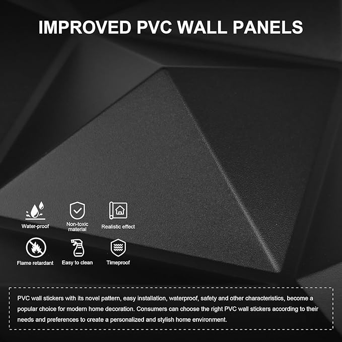 Greymond Black PVC 3D Wall Panels, 33 Pack 11.8''x11.8''Geome...