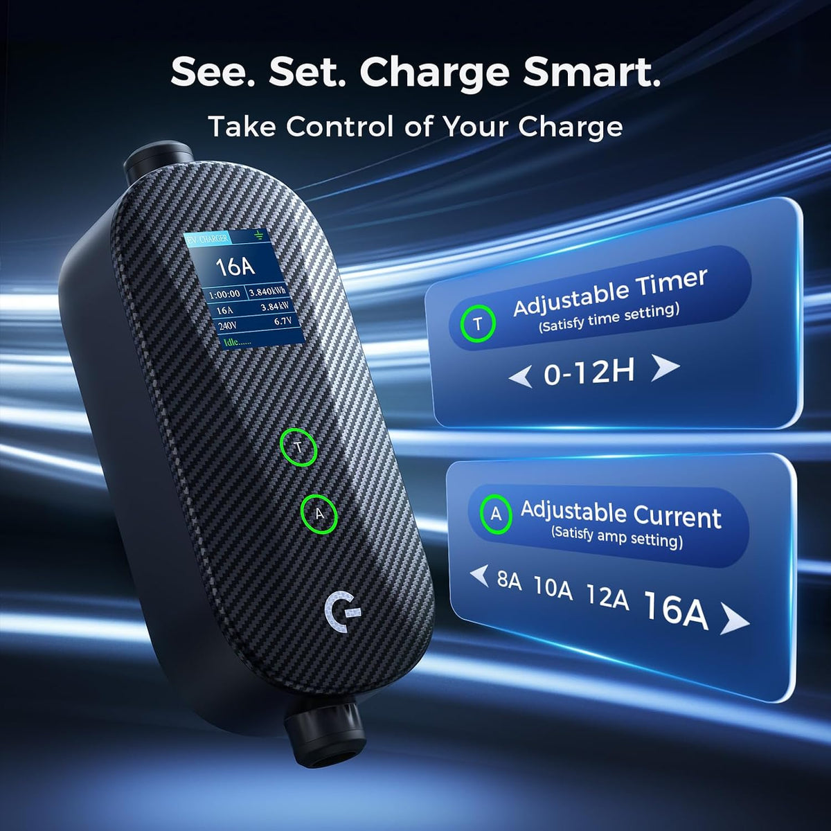 Level 1&2 EV Charger, 16A Adjustable Current & Timer, 21FT Cable, For...