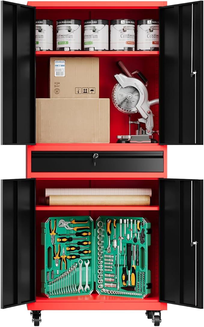 73" Metal Cabinet-Black & Red Heavy Duty Rolling Storage Cabinet Ste...