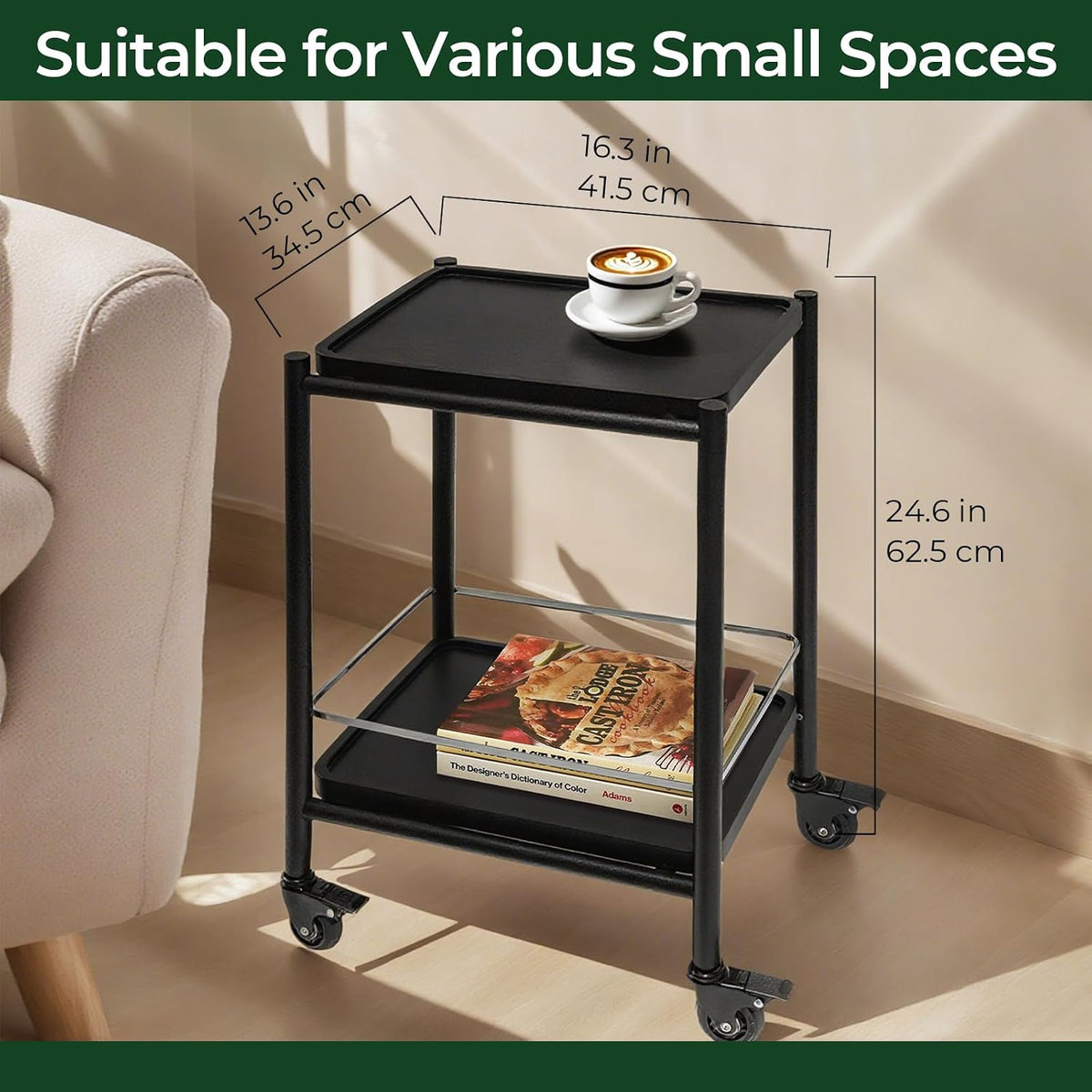 Acacia Wood Rolling Side Table, 2-Tier with Lockable Wheels & Removable T...