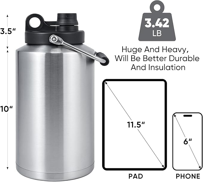 Insulated Gallon Jug with Handle, One Gallon, 128oz Stainless Steel, Large