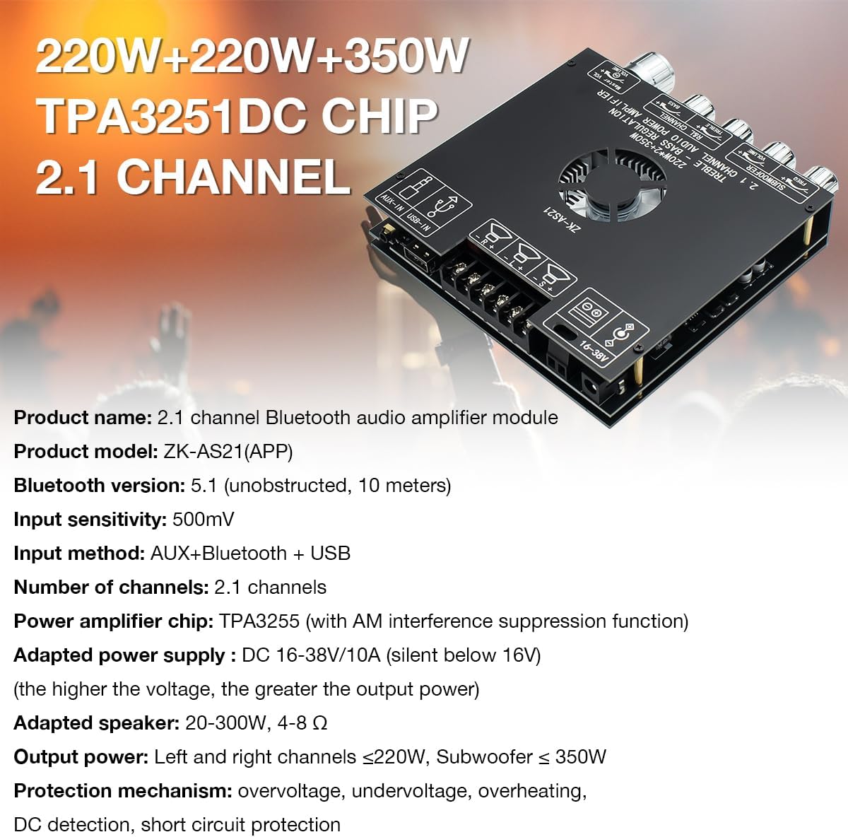 ZK-AS21 TPA3255 Bluetooth 5.1 Power Amplifier Board HiFi 2.1 Channel 220Wx2+3...