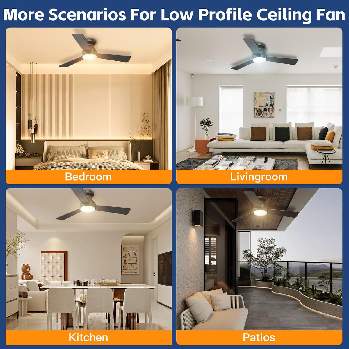 42 Inch Ceiling Fans with Lights And Remote, 3CCT/Flush Mount/6 Speed/Black