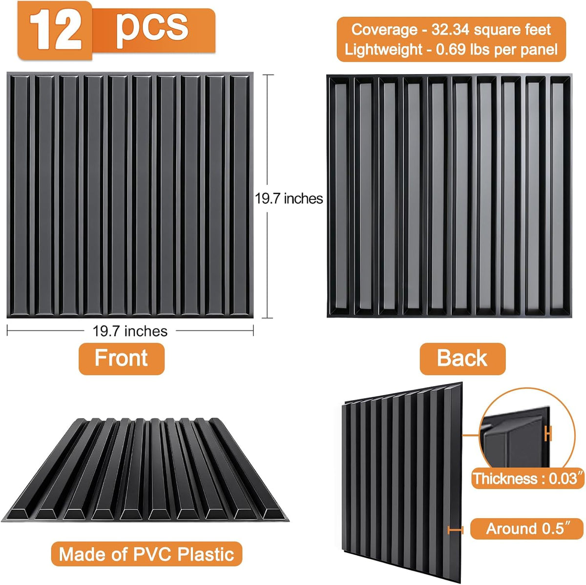 TroyStudio Slat Acoustic Sound Diffuser Panels, 19.7 X 19.7 X 0.5 inches 12 P...