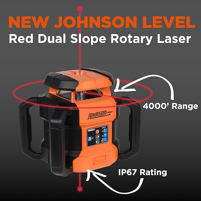 Johnson Level & Tool JRT300-RDHV-K Self-Leveling Red Dual Slope Rotary La...