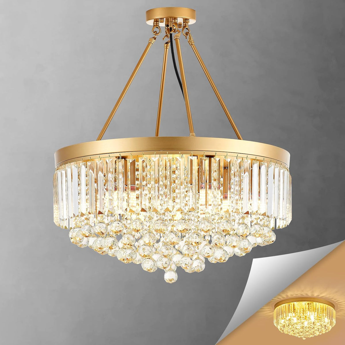 9-Light Gold Crystal Chandelier Contemporary 22'' Modern Semi Flush M...