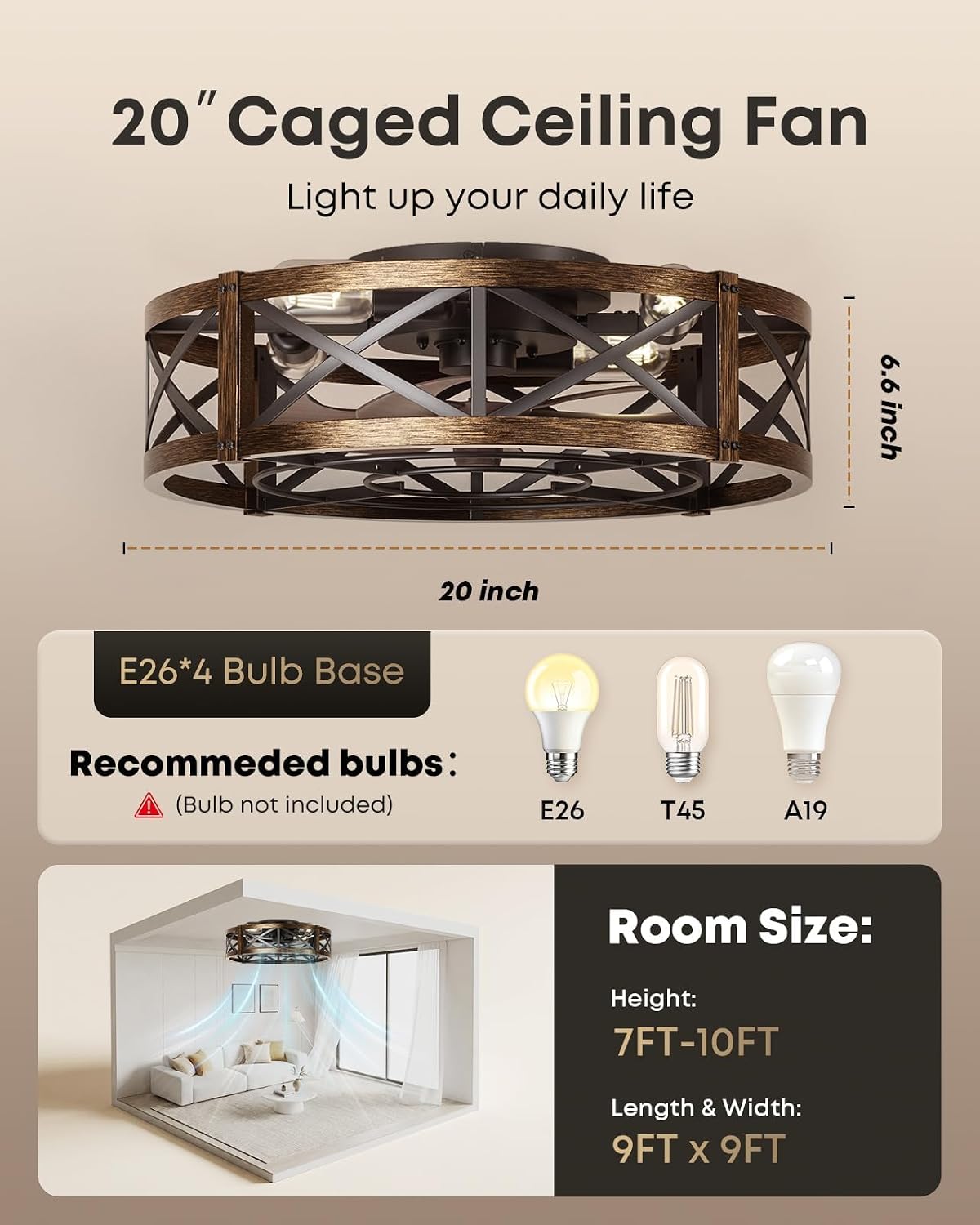 OJX 20" Low Profile Flush Mount Caged Ceiling Fan with Light and Remote