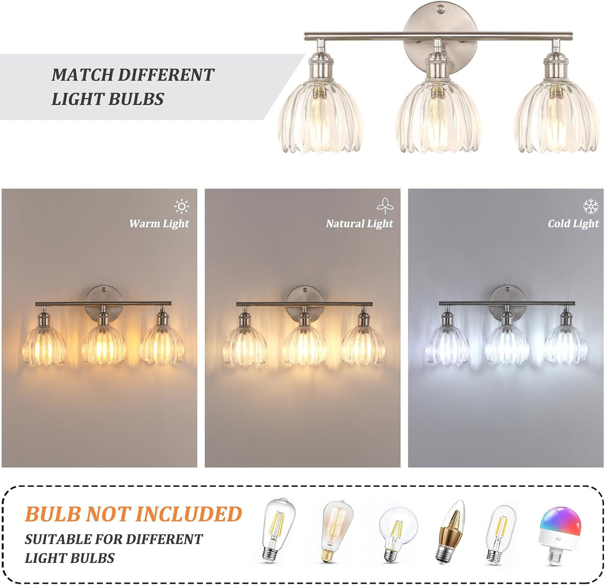 Shenmoyl Bathroom Light Fixtures, 3-Light Vanity wall Light Over Mirror with ...