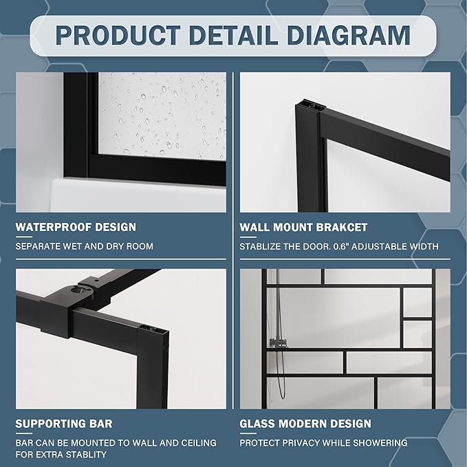 Goodyo 46 in. W x 72 in. H Bathroom Shower Glass Door Framed Tempered Clear (...