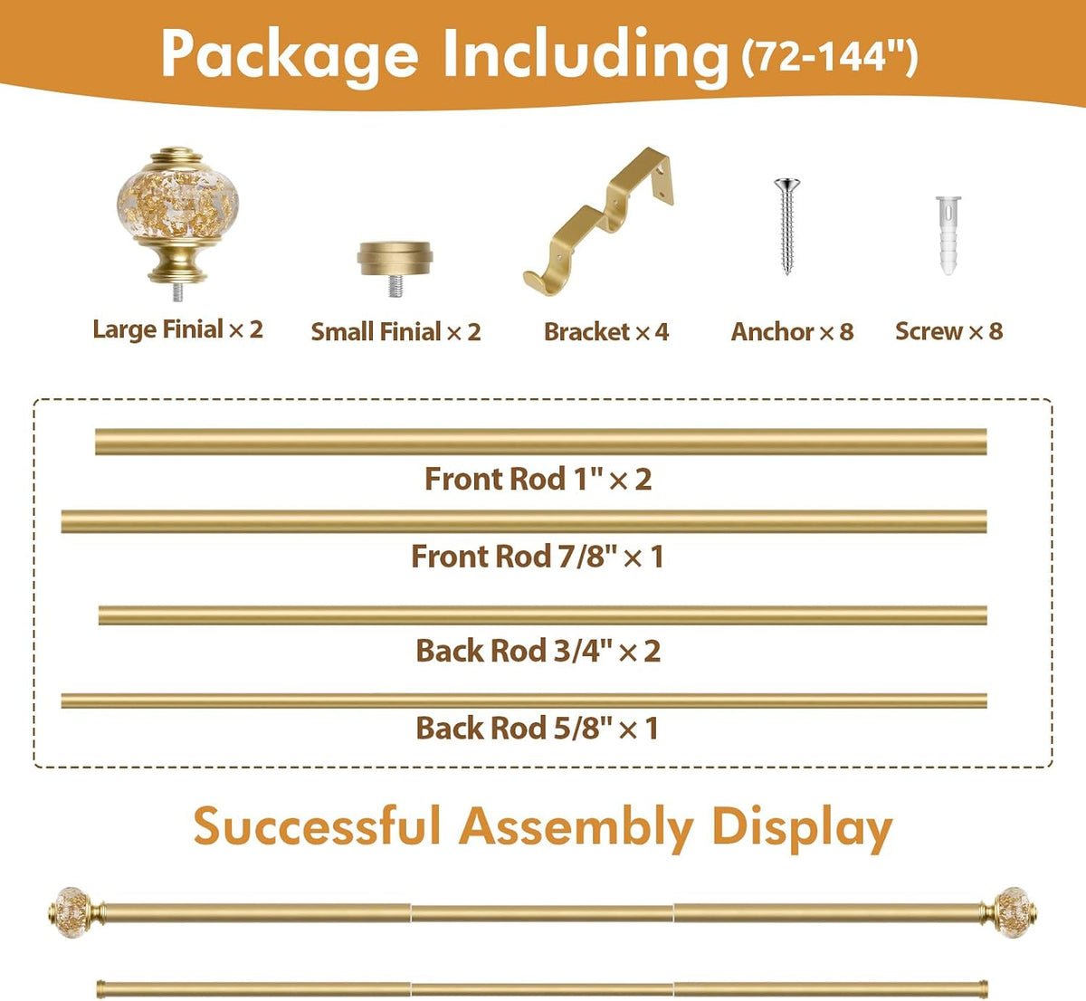Double Curtain Rods for Windows 72 to 144, Luxury Gold, 1 Inch | Double Layer...