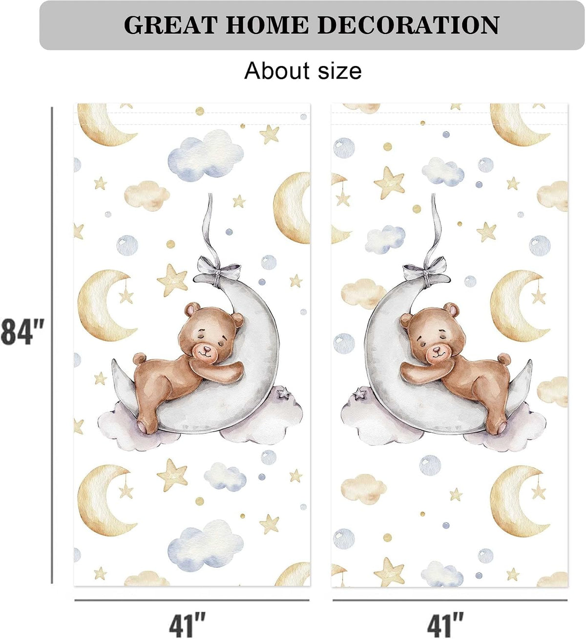 82" Wx 84" L Cartoon Lovely Bear Moon and Stars Window Curtains for...