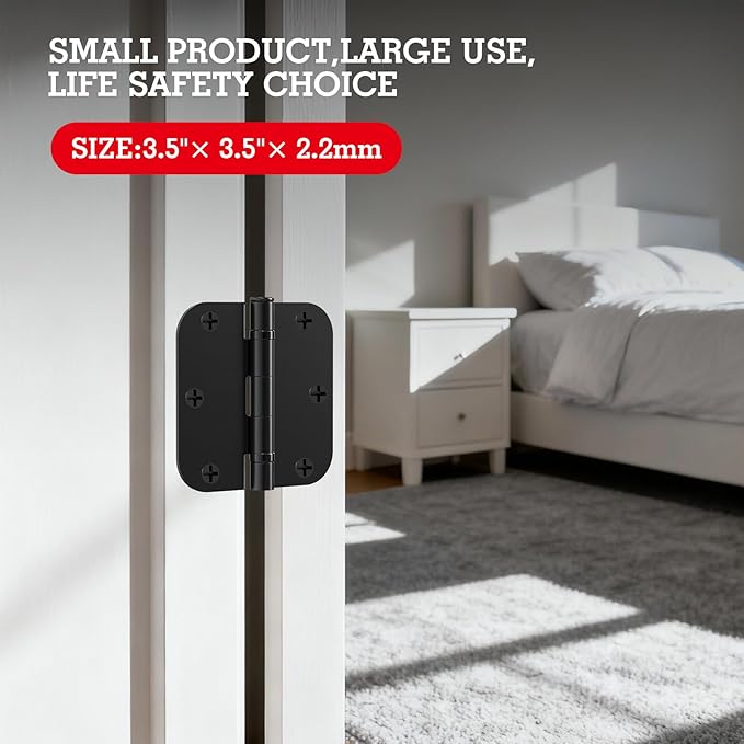 12 Pack Anti Squeak Matte Black Door Hinges 3.5 Inch 5/8" Radius Interior