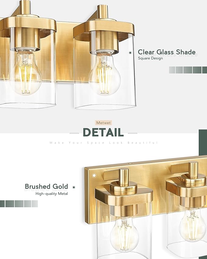 METWET Bathroom Light Fixtures Over Mirror, 3-Light Brushed Gold Vanity Light