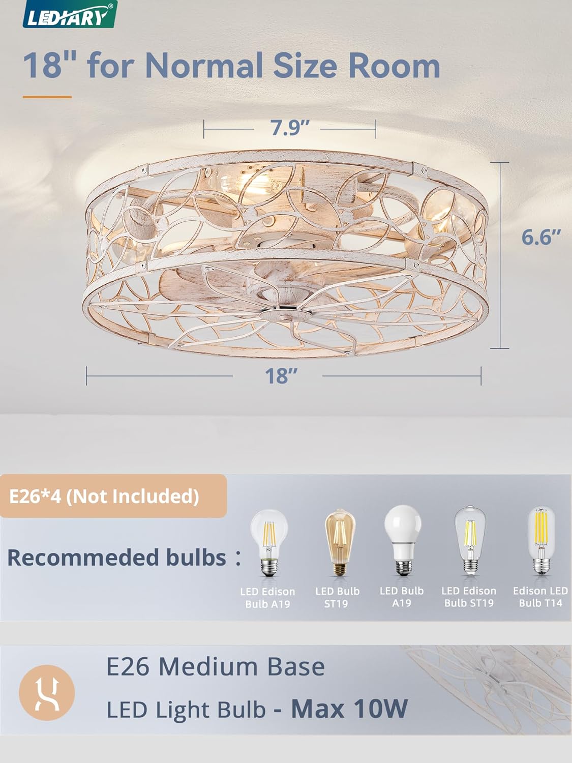 LEDIARY Caged Ceiling Fan with Light, Flush Mount Fandalier with Remote