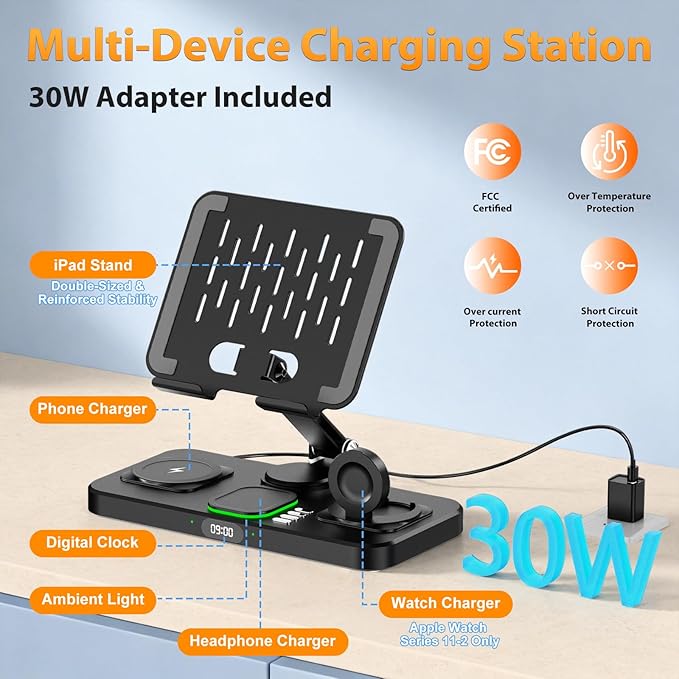 30W Charging Station for Apple Products, Foldable Wireless Charger