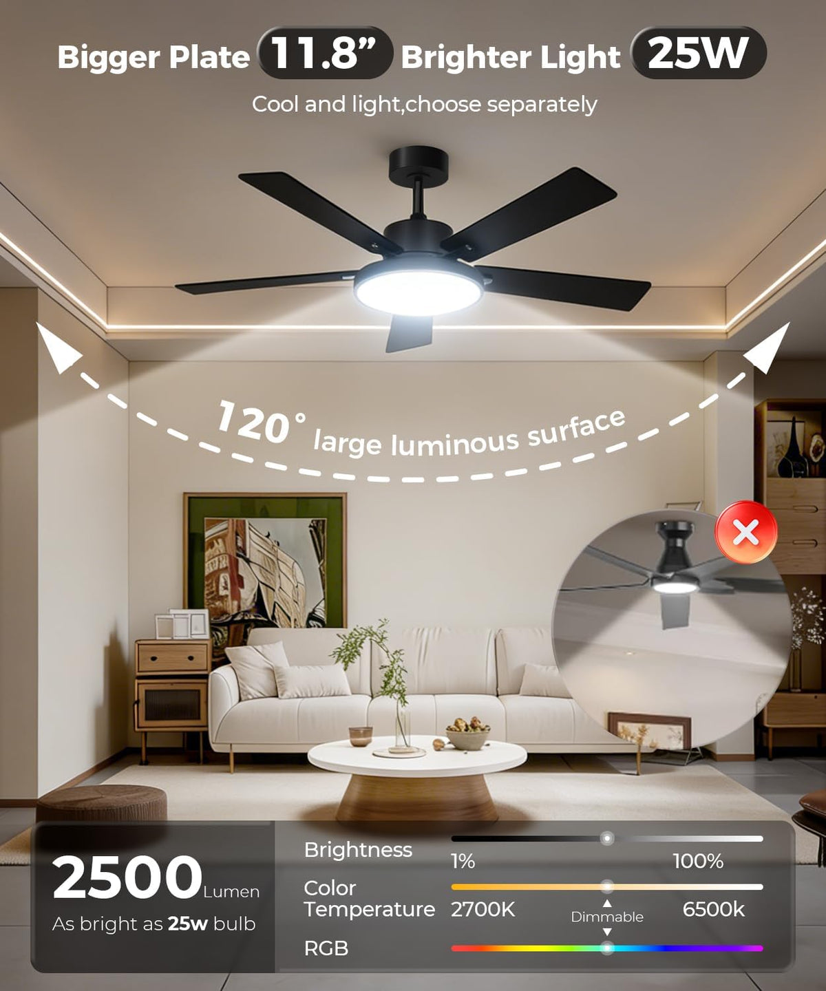 RGBCW Smart 52" 2600LM LED Ceiling Fan Light with Remote, Black