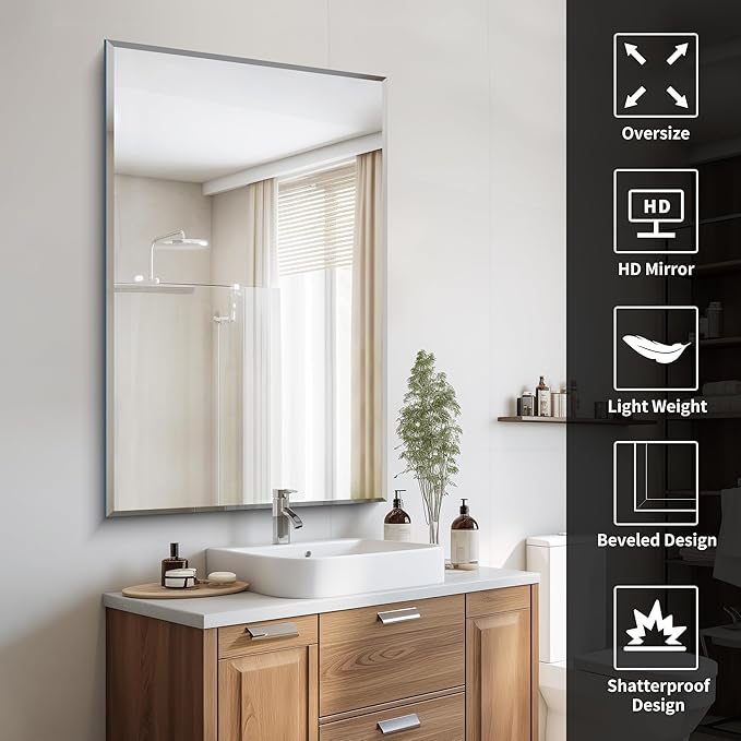 CILIBER Beveled Bathroom Mirror, 30x48 Large Frameless Mirrors