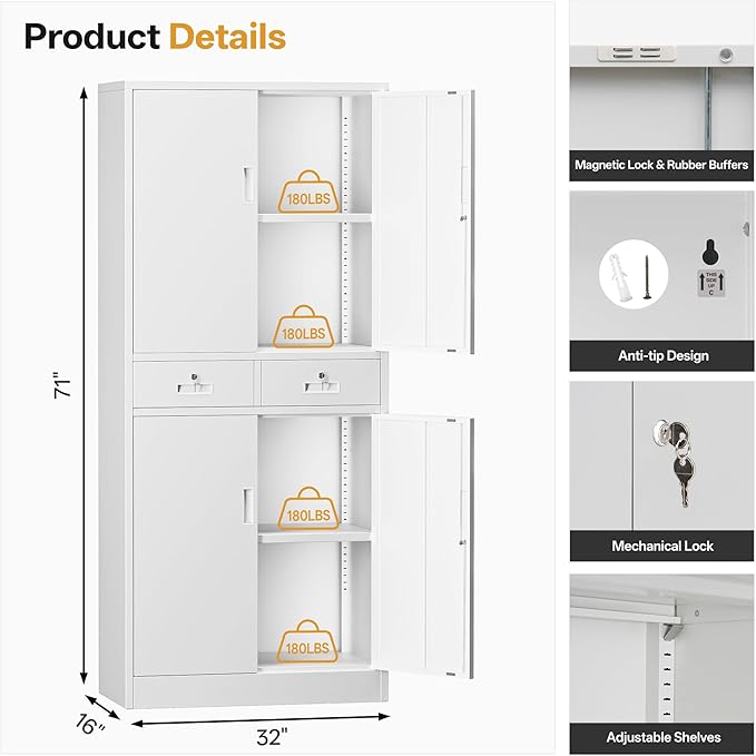 Metal Storage Cabinet with 2 Drawers 71" H