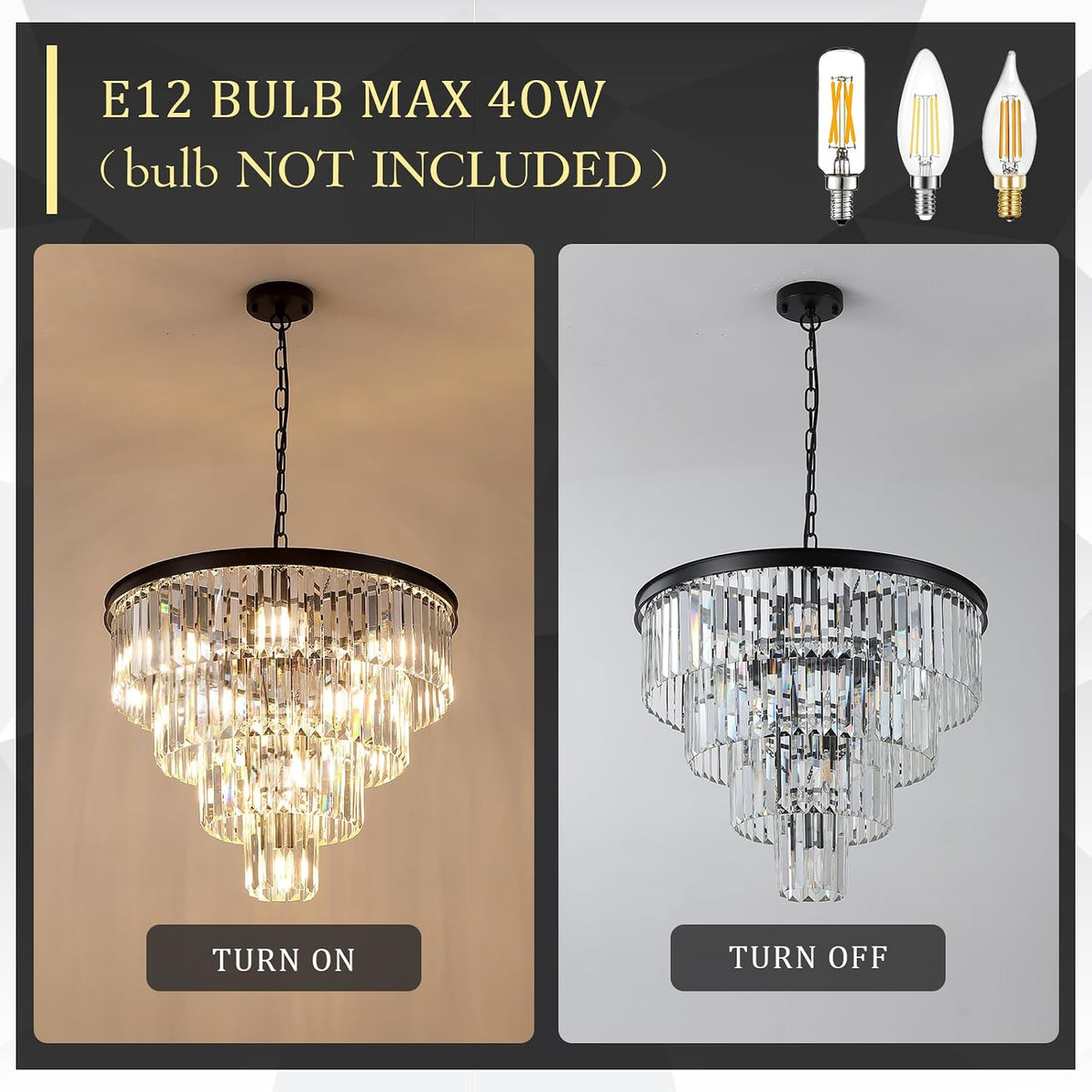 24" Modern Crystal Chandeliers,12-Light Black Round Light Fixture