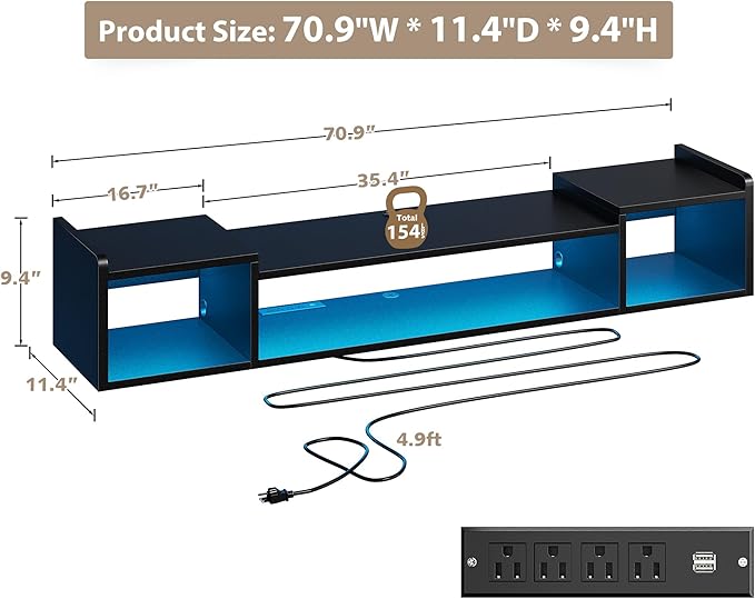 70.9"W Floating TV Stand with LED Lights & Power Outlets