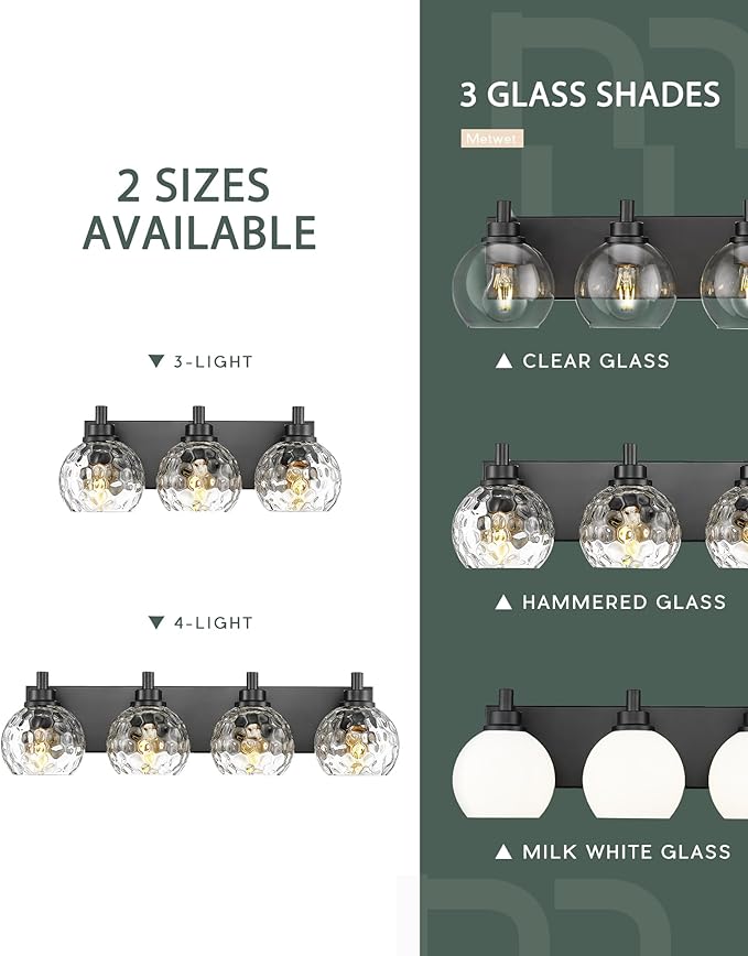 METWET Bathroom Light Fixtures Over Mirror, 3-Light Matte Black Vanity Light