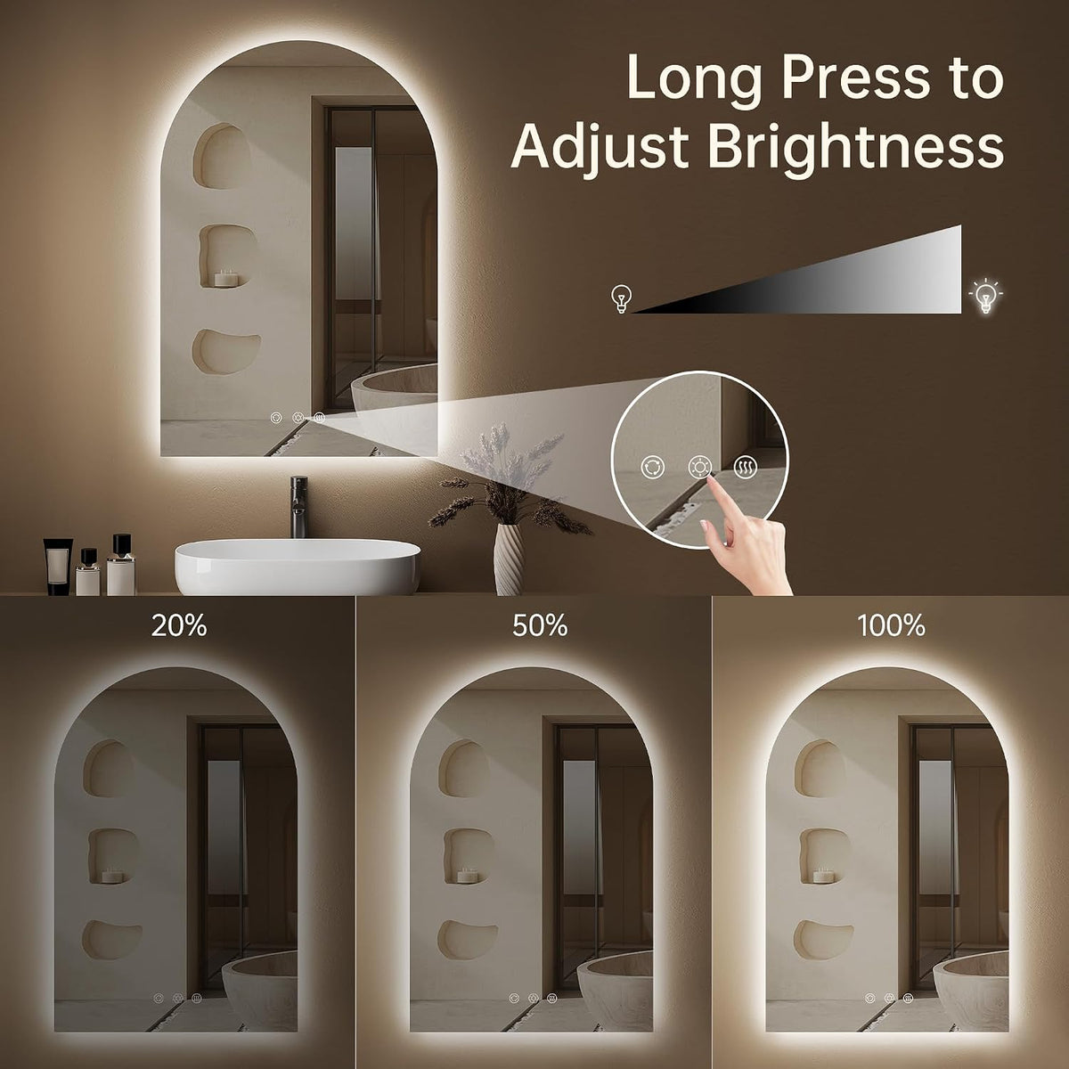 24"x36" Arched LED Lighted Bathroom Mirror with Lights | Fogless, D...