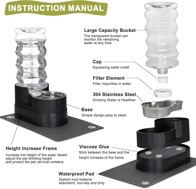 RIZZARI Large Water Dispenser for Dogs: 8L Raised Black Auto-Refill Stainless