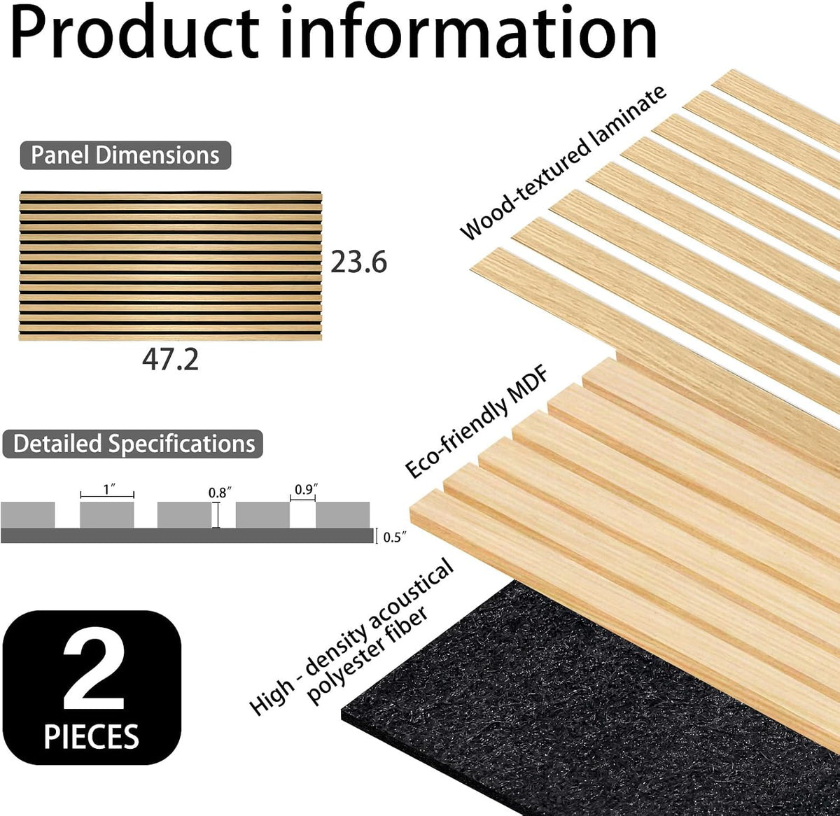 Yun-aeon Oak 2 Pack Wood Slat Acoustic Panels 47.2 x 23.6 Inch 3D Fluted Desi...