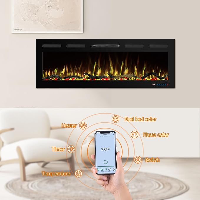 50" WiFi Electric Fireplace Inserts, Recessed and Wall Mounted Fireplace...