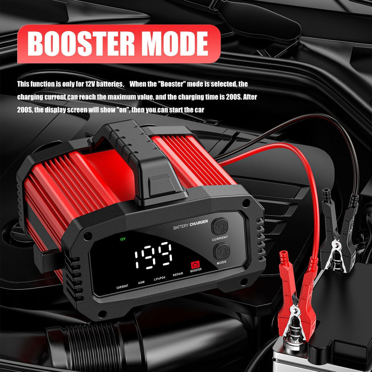25A 12V/24V Smart Car Battery Charger, 2/8/20/25A Adjustable Current Pulse De...
