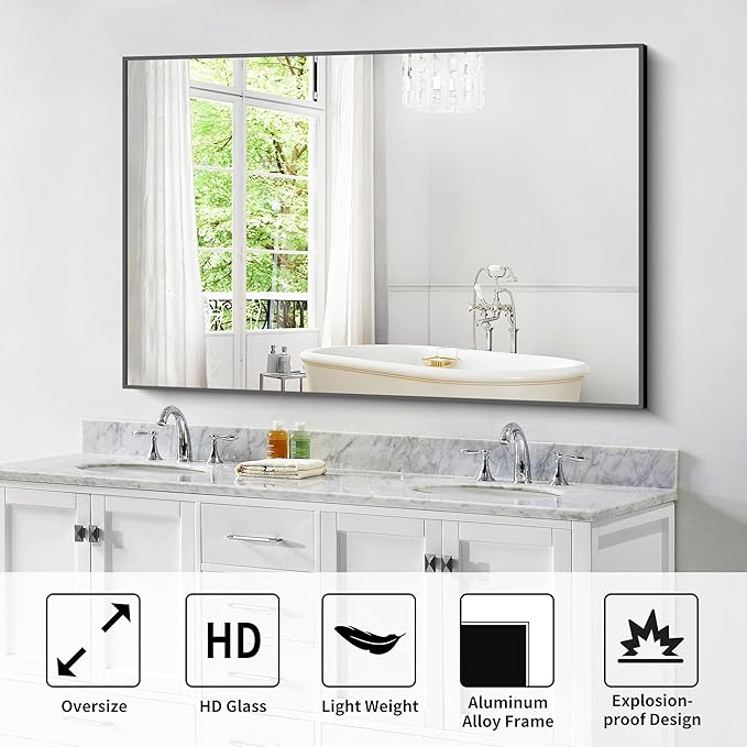 Bathroom Black Mirror, 36x55in Black Rectangle Mirror