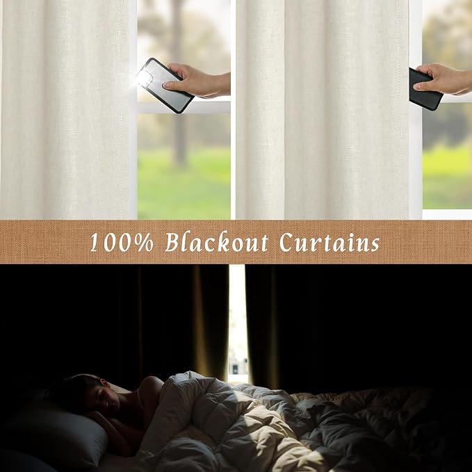 LAMIT Natural 100% Blackout Linen Curtains, 63 Inches Linen Textured Thermal