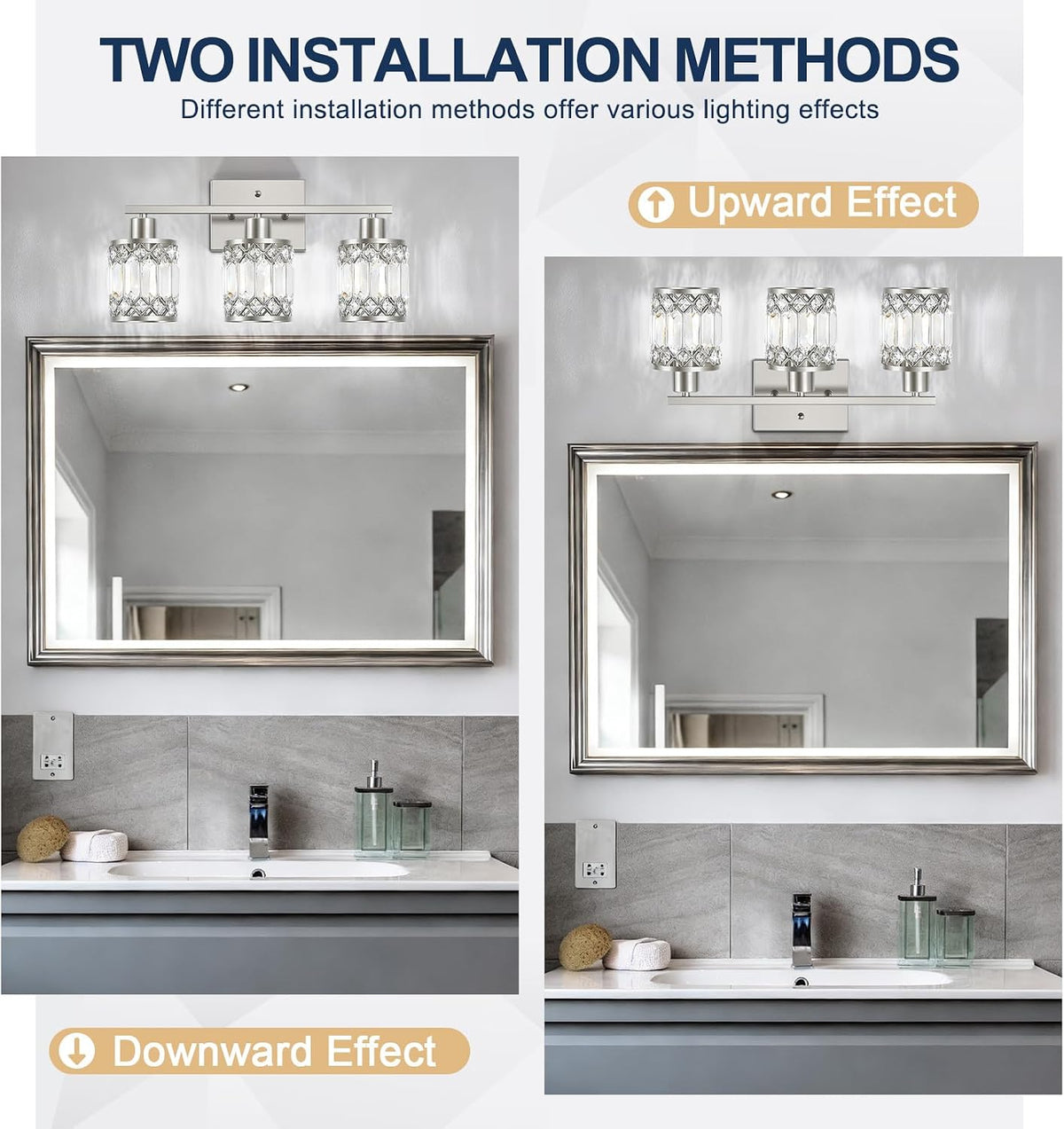 Crystal Modern Bathroom Light Fixtures, 3-Light Brushed Nickel Bathroom Vanit...