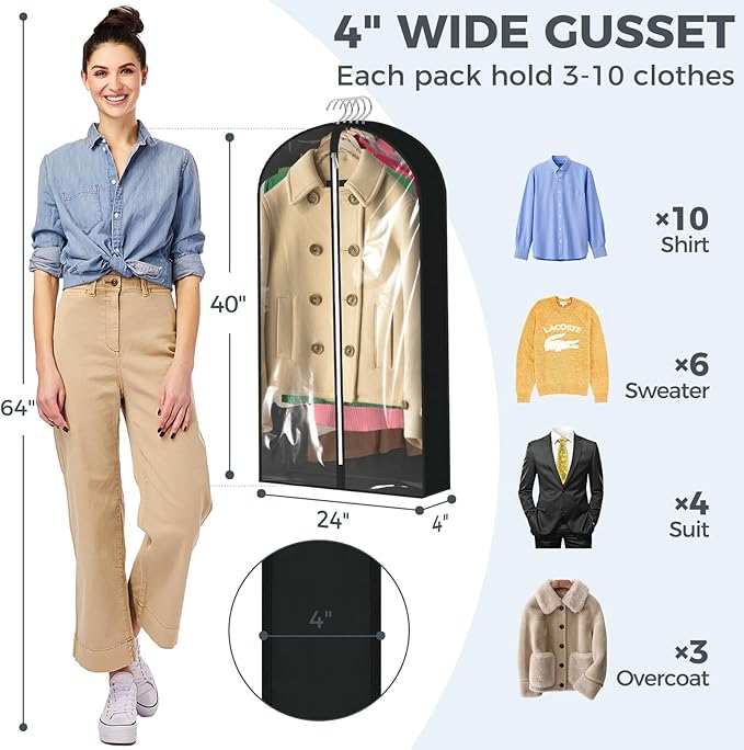 6 Pcs 60" Garment Bags for Hanging Clothes, Garment Bags Shoulder Covers
