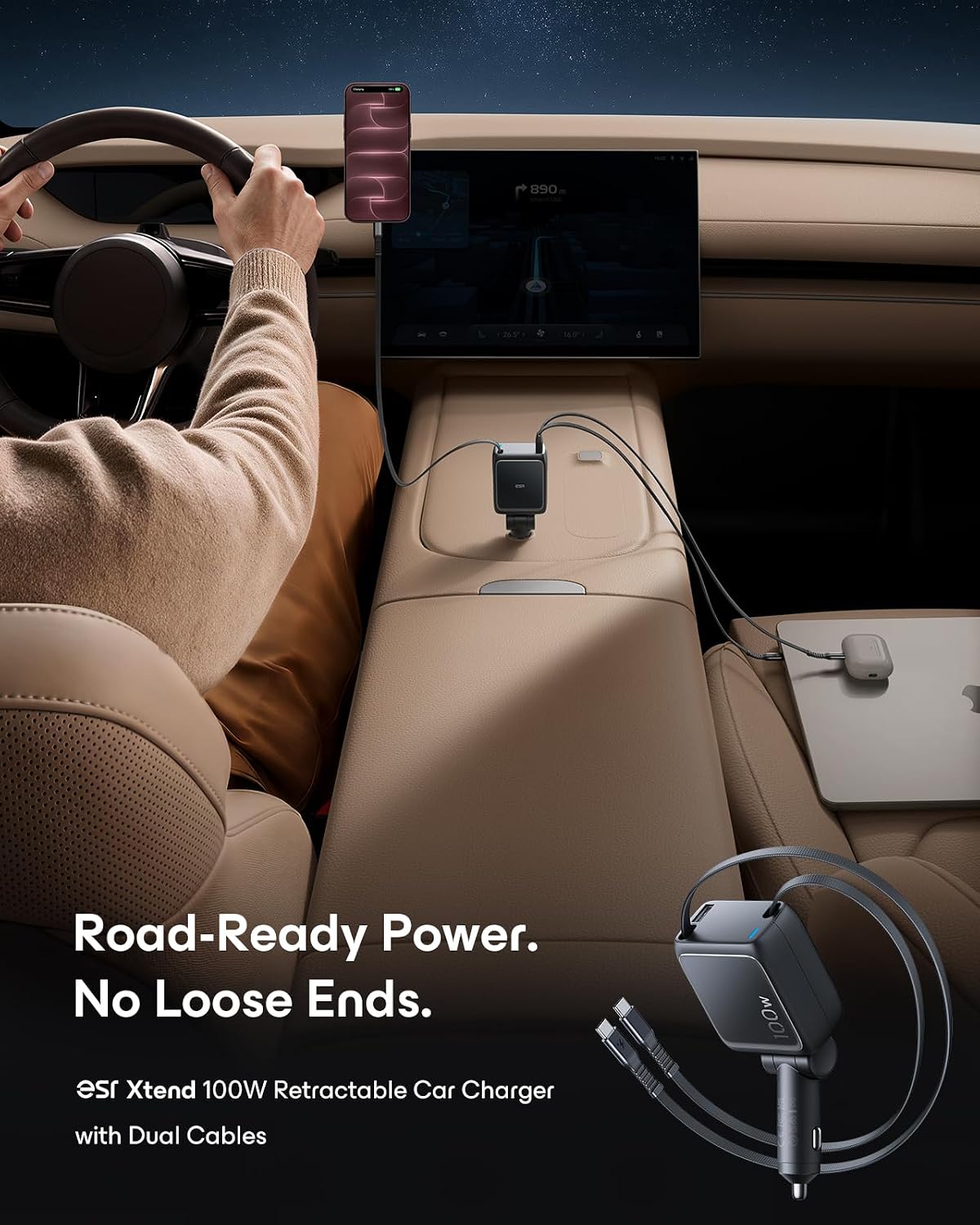 ESR Xtend 100W Retractable Car Charger with AVS, 3-in-1, USB-C & USB-A