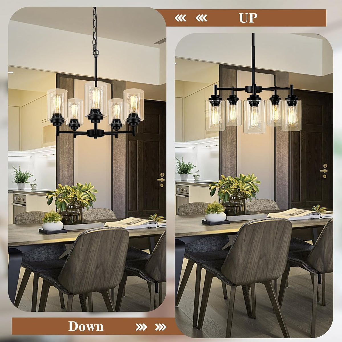 D19.8" Chandelier for Dining Room, 5-Light Black Kitchen Light Fixture