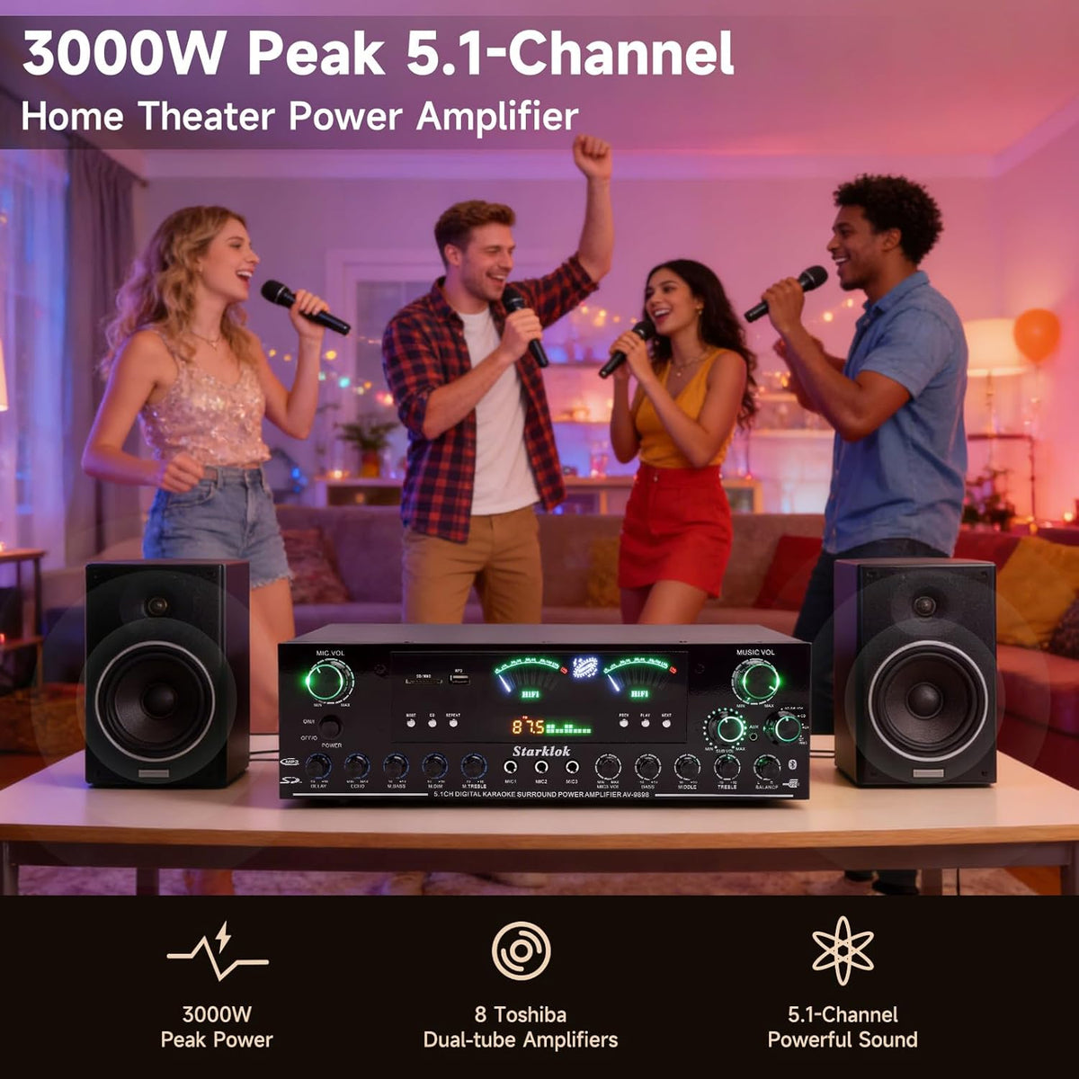 3000W Peak 5.1-Channel Home Audio Power Amplifier – HiFi Stereo Amplifier wit...