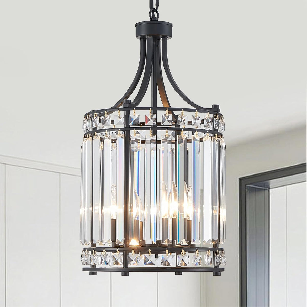 Lantern Crystal Chandeliers for Dining Room, Black 4 Light Farmhouse Geometri...