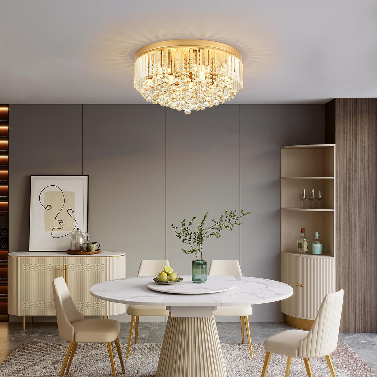 9-Light Gold Crystal Chandelier Contemporary 22'' Modern Semi Flush M...