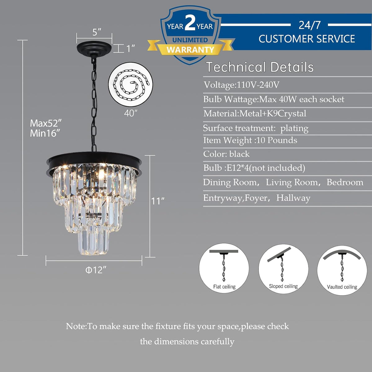Weesalife Black Crystal Chandeliers for Dining Room,4-Lights D12 Inch