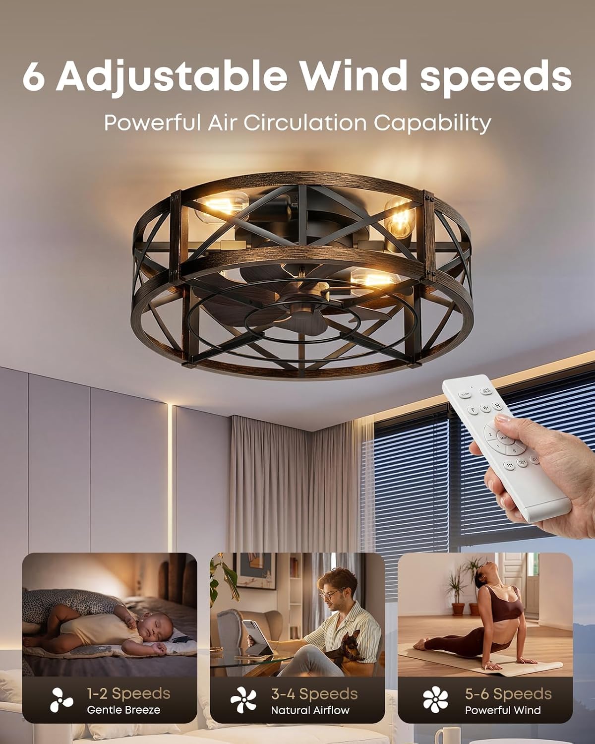 OJX 20" Low Profile Flush Mount Caged Ceiling Fan with Light and Remote