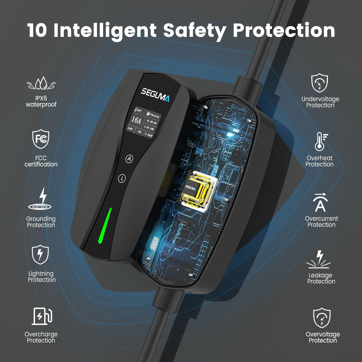 SEGUMA Level 1/2 EV Charger, 16Amp Adjustable Current for J1772 BEVs/PHEVs