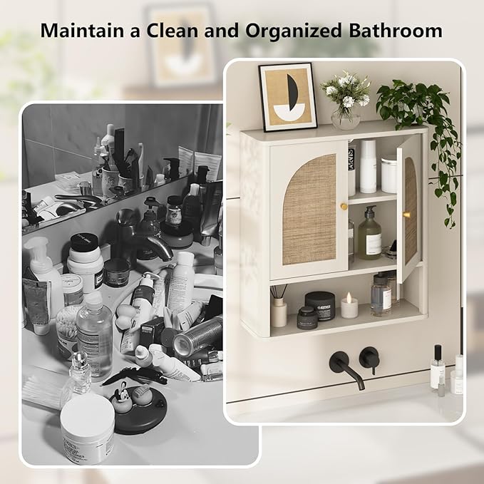 RUSTOWN Rattan Bathroom Wall Cabinet, Over The Toilet Storage Cabinets