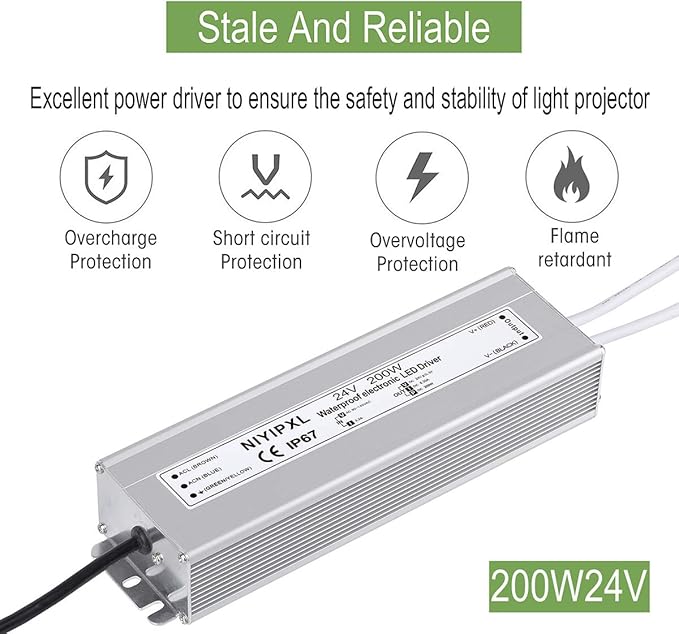LED Driver 200 Watts 24V DC Low Voltage Transformer, Waterproof IP67 LED Power
