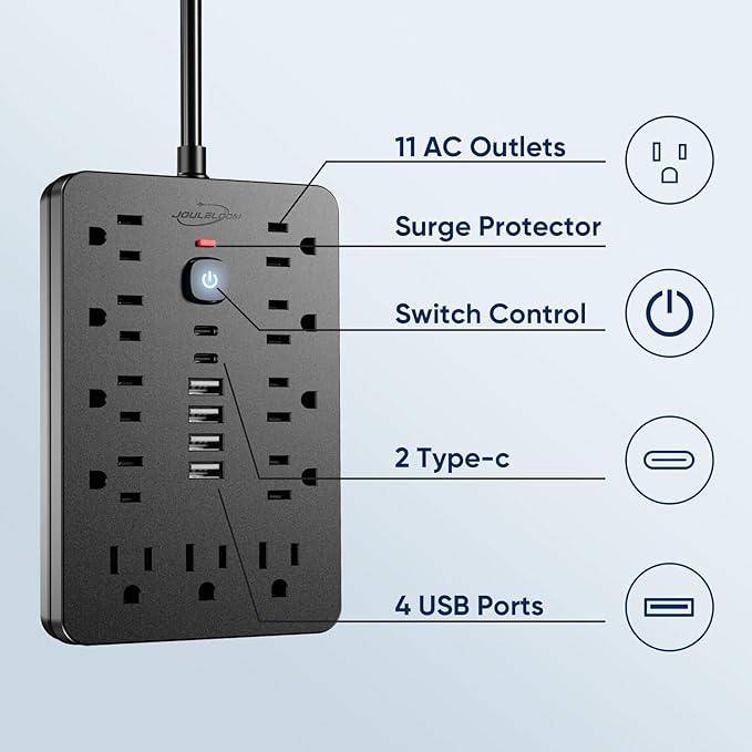 JouleLoom 2PCS 6 FT Flat Plug Surge Protector Power Strip, 11 Multiple AC