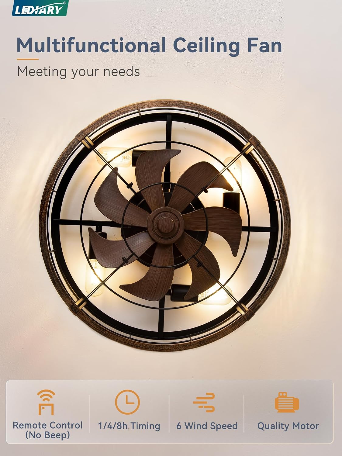 LEDIARY 20" Caged Low Profile Ceiling Fan with Light and Remote Black Gold