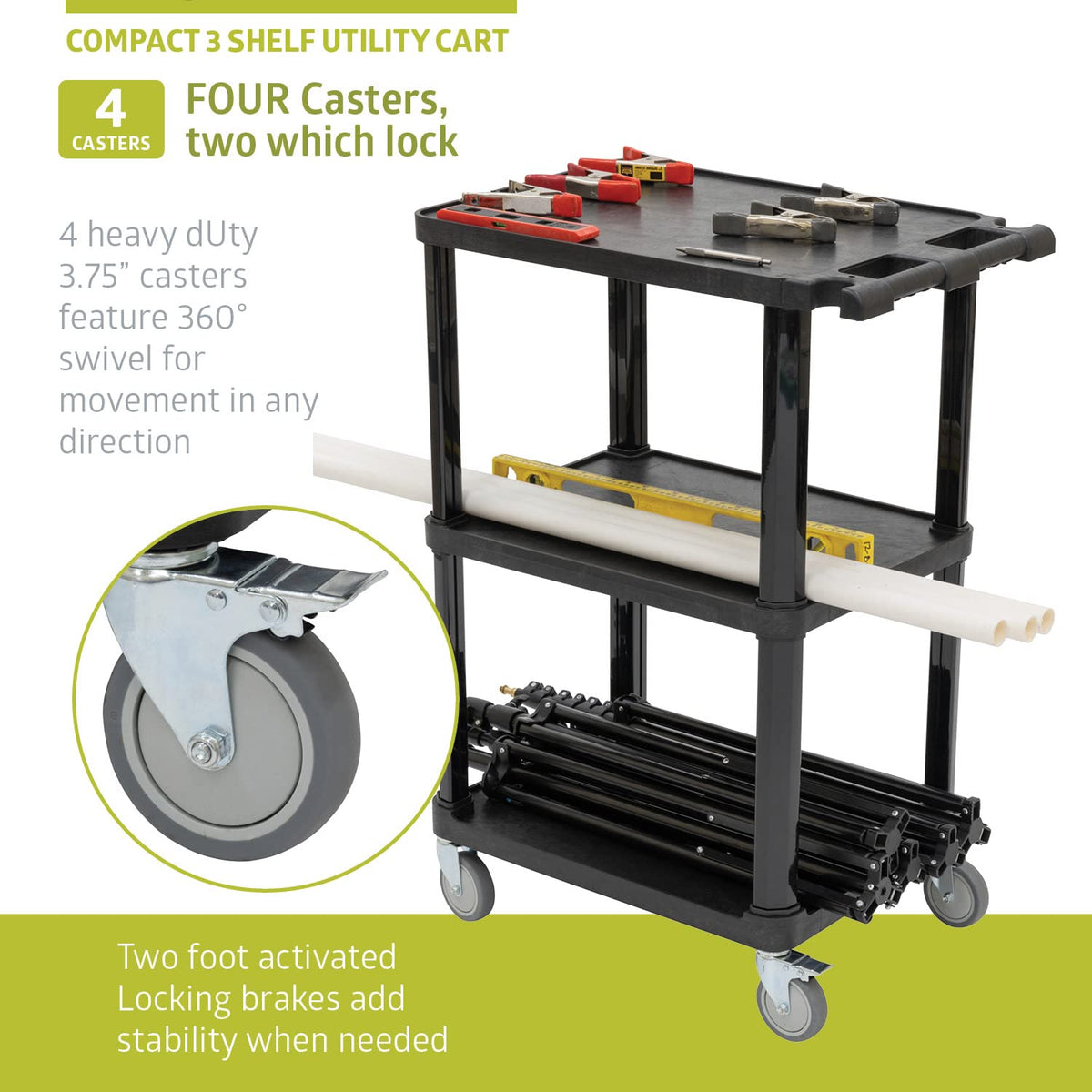 Pearington 3-Tier Compact Multi-Purpose Plastic Utility Cart with Lockable Wh...