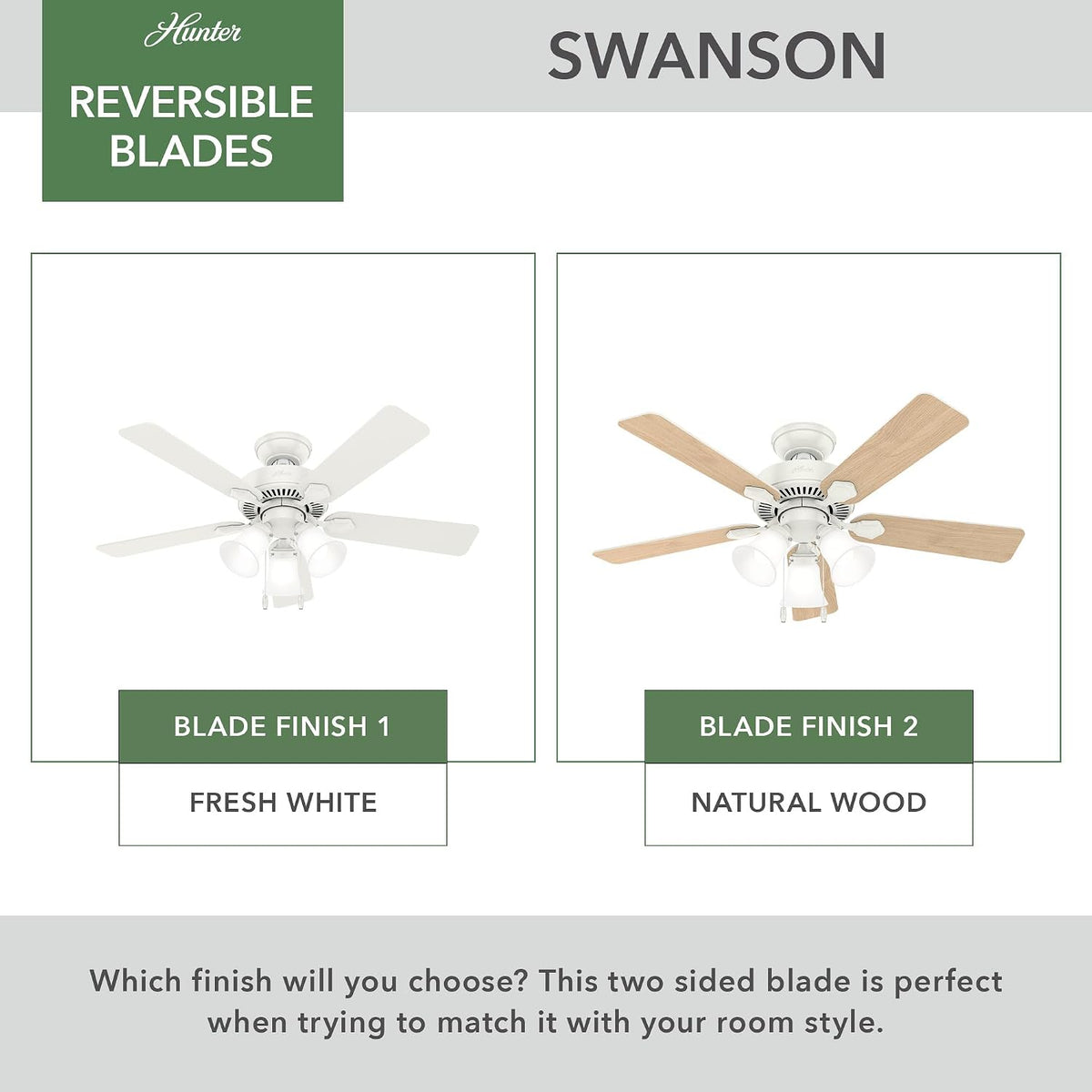 Hunter Swanson, Indoor, Ceiling Fan, with LED Lights, 44 inch, Fresh White