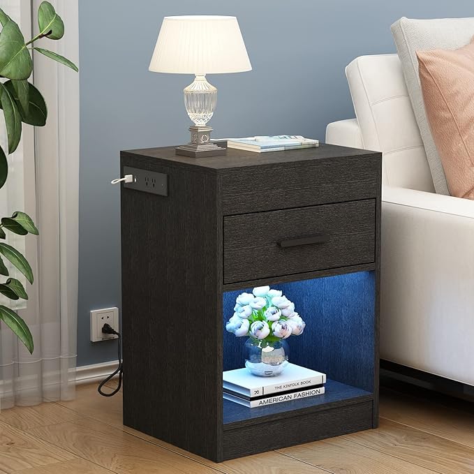 Auromie Nightstand with Charging Station and LED Lights, Concealment Furniture