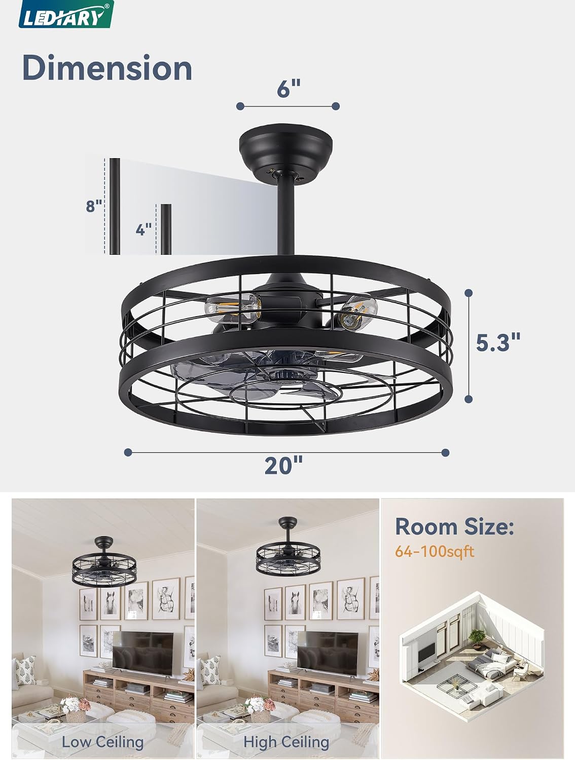 LEDIARY 20 inch Fandelier Caged Ceiling Fan with Light and Remote, Black